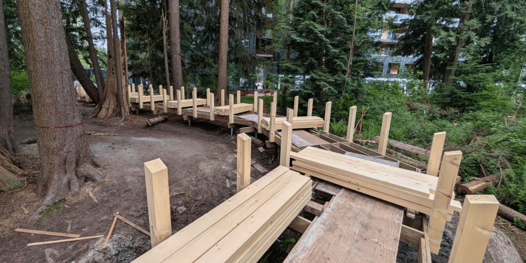 Timber boardwalk framing with vertical post stubs and cross-joist connections at an angled transition section of the boardwalk structure