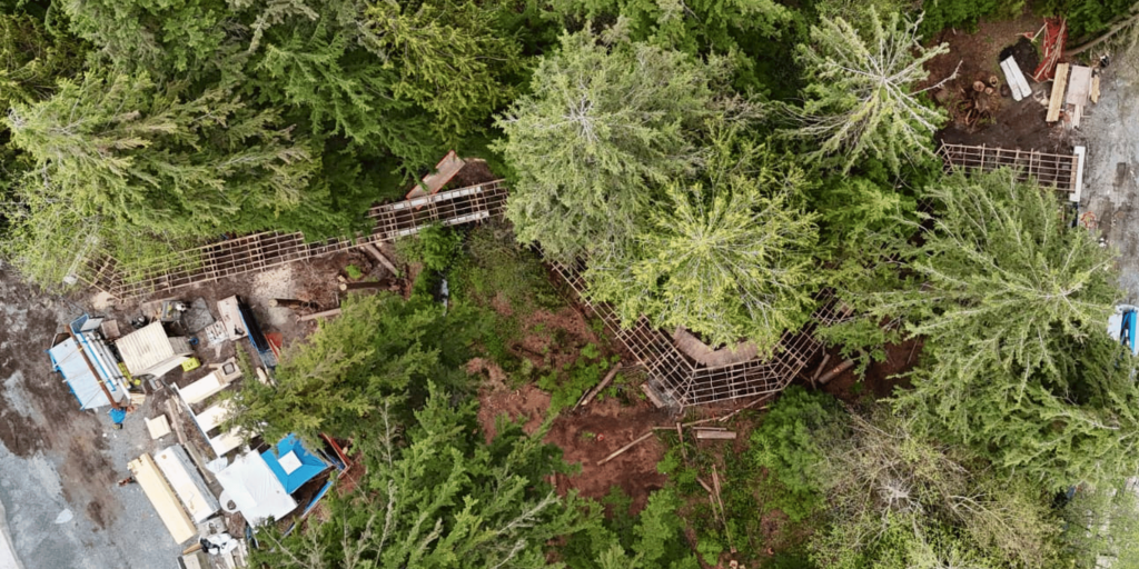 Aerial drone view of the completed Woodland Park boardwalk and pedestrian bridge winding through a dense tree canopy connecting two residential buildings