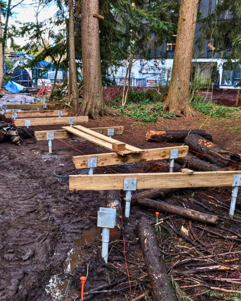 Wooden boardwalk framing and joist structure under construction with helical pile brackets and a blue tarp visible in background